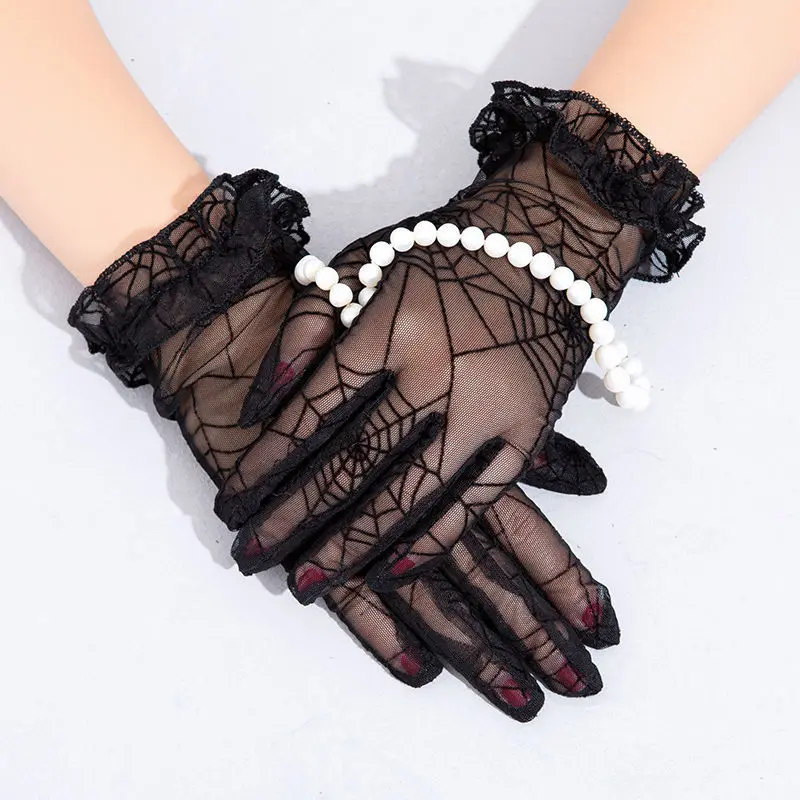 

Sexy Lace Spider Web Punk Outdoor Cycling Sunscreen Gloves Woman's Summer Thin Elastic Anti-UV Full Finger Driving Miteens C10