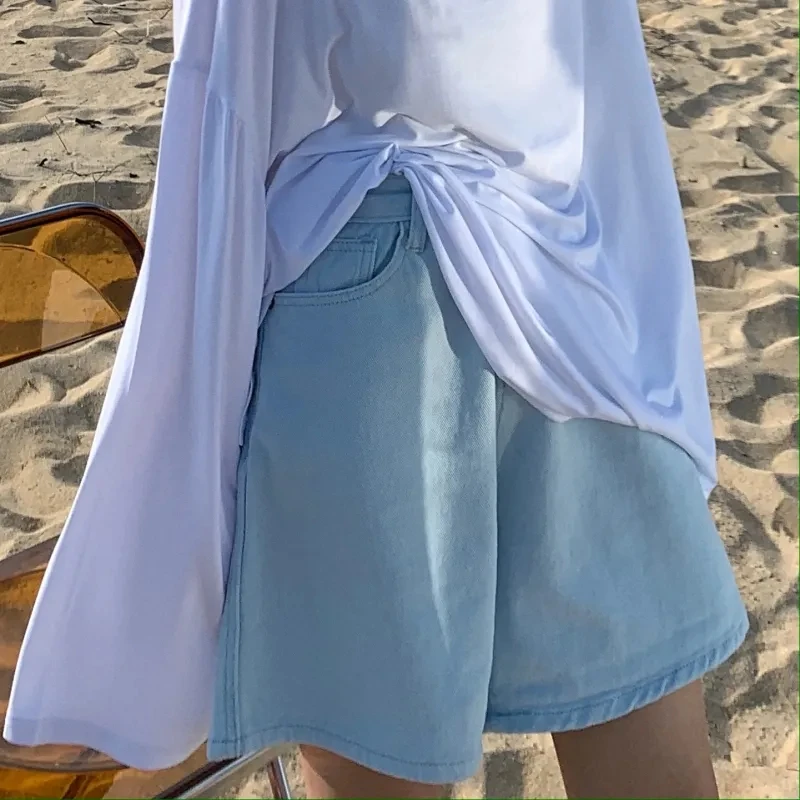 

Sport Shorts Women Clothes Harajuku High Waist Short Pants Summer Lace size Casual Korean Wide leg Buttons cowboy Solid color