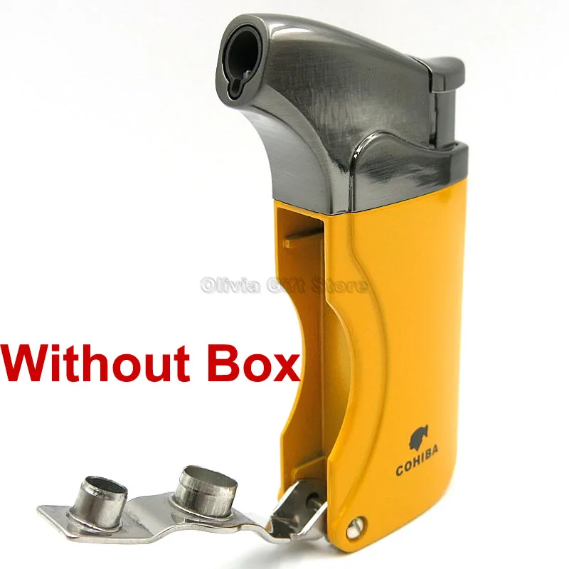 Yellow No Box COHIBA, металлический одиночный фонарь, струйная Зажигалка для сигарет, сигарета, сигарета, газ, табак, Бутан, встроенная Зажигалка для сигар, мужской инструмент для курения - Цвет: Yellow No Box