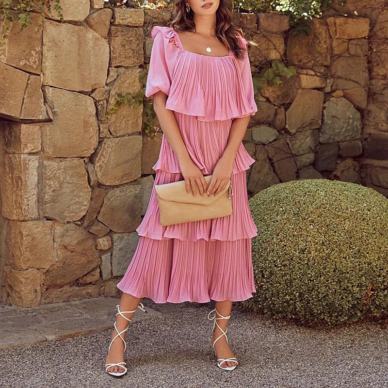 

Women Off Shoulder Cascading Ruffle Slim Dress Female Square Collar Lantern Sleeve Dress Casual Solid Short Sleeve Party Dress
