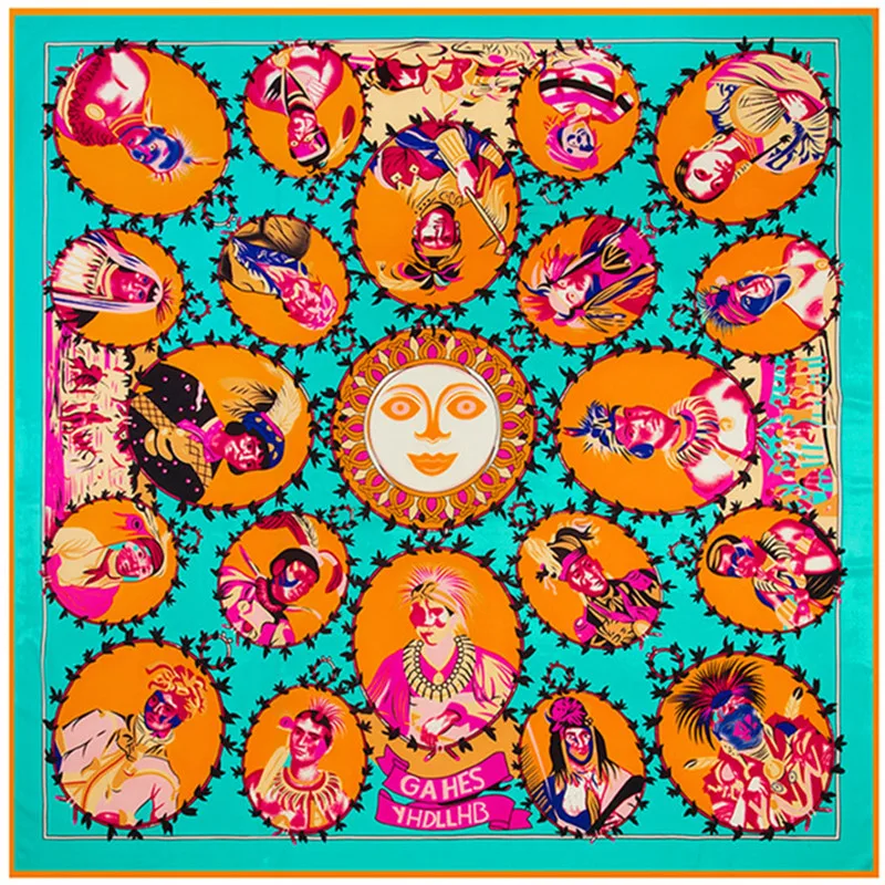 

130*130cm Luxury Brand female square silk scarf shawls and wraps Indian Primitive Tribe Character Head Lady Silk Twill Scarf