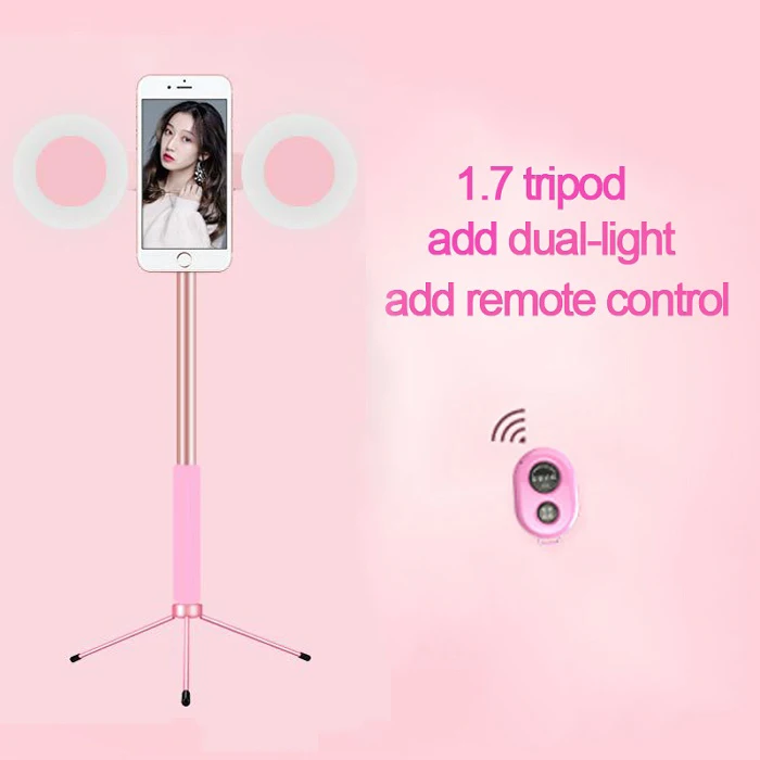 Dual-light control 1,7 м Выдвижной Штатив для селфи-палка светодиодный кольцевой осветительный Стенд 4 в 1 с креплением для телефона монопод для iPhone X 8 Android - Цвет: Dual-light control