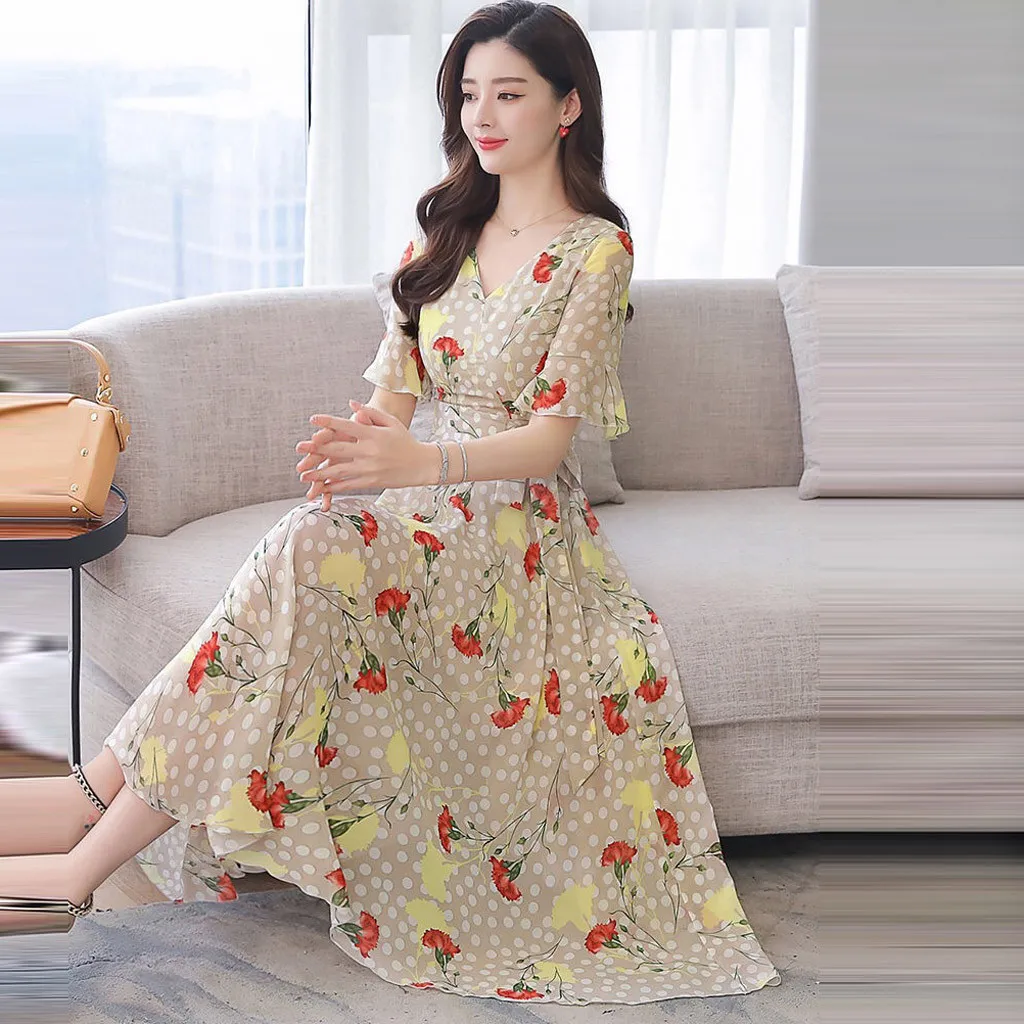 Summer Women Dress Ladies V-Neck Short Sleeve Mid-Calf Dresses Floral Print Slim A-Line Casual Loose Clothes vestidos | Женская одежда