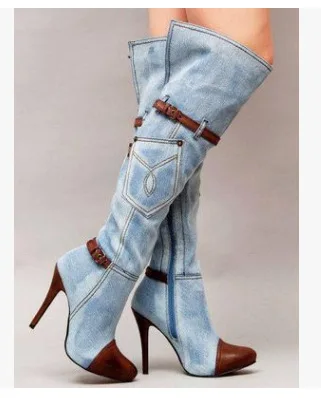 

Fashion Womens Over Knee Boots Denim Leather Patchwork Shoes Stilettos Super High Heels Buckles Decoration Motor Zipper Side T37