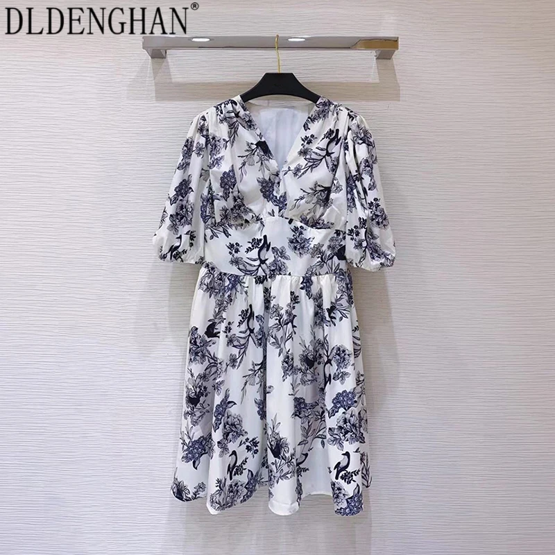 

Дизайнерское платье DLDENGHAN в китайском стиле с чернильным принтом для женщин, элегантные летние платья с V-образным вырезом, рукавами-фонарик...