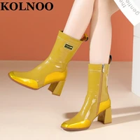 kolnoo new style handmade ladies chunky heels boots real leather patchwork party prom ankle booties sexy winter fashion shoes