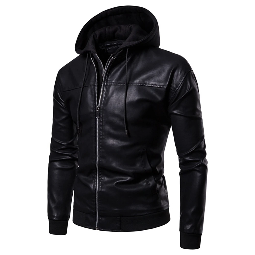 

Leather Jacket Men 2021 Autumn and Winter New High Quality Men PU Hooded Two Zipper Slim Full Warm Mens Winter Coat