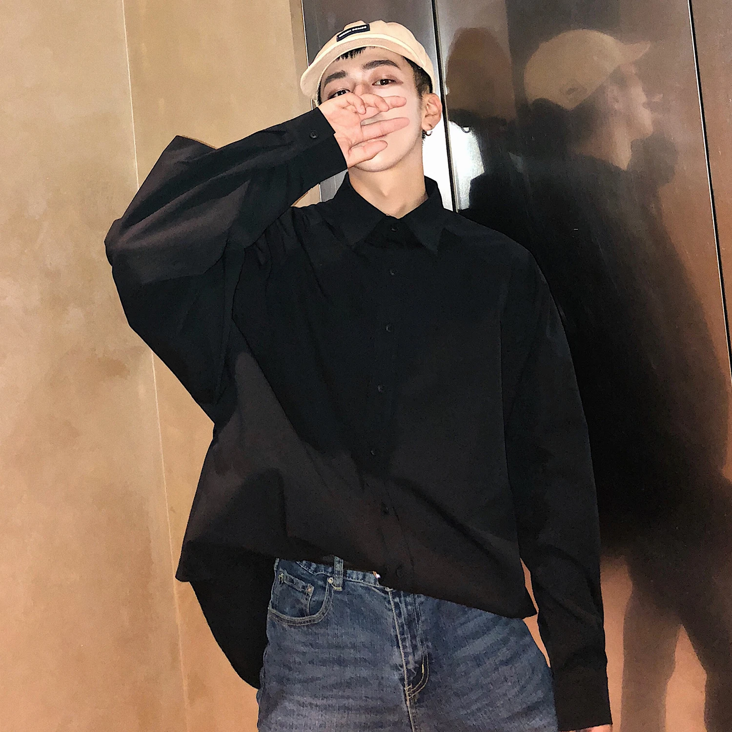 

Men Shirts Vintage Long Sleeved Single Breasted Top Teen Harajuku Retro XXL Oversize Shirt Male Chic Baggy Street Wear All-match