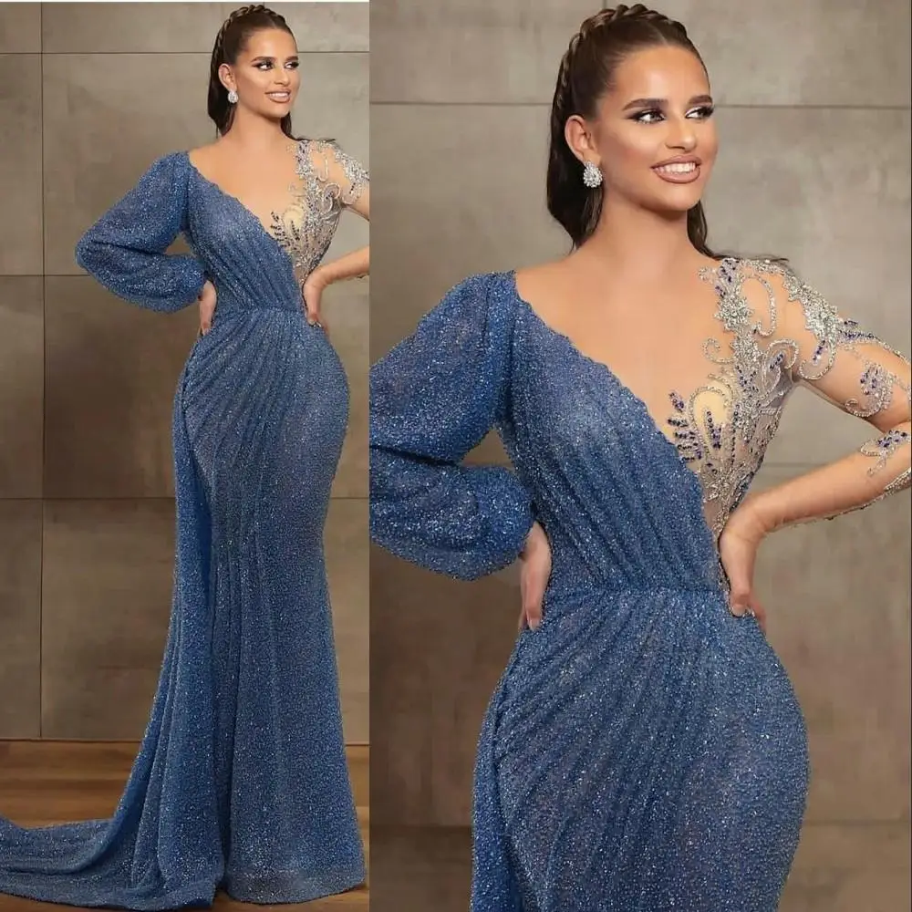 

2021 New Blue Evening Dresses Jewel Neck Beaded Sequined Lace Long Sleeve Mermaid Prom Dress Sweep Train Custom Illusion Robes