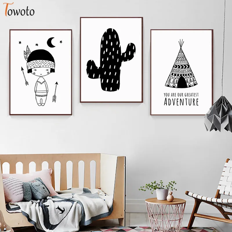 Cartoon Canvas Painting Cactus Poster Nursery Art Prints Monochrome Wall Kids Room Decorative Pictures Tribal Decor | Дом и сад