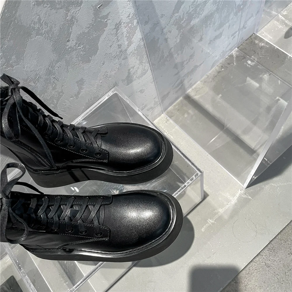 spesifikasi Sepatu Bot Wanita Kulit Asli Ujung Kaki Bulat Hak Tinggi Sedang Tebal 5Cm Platform Datar Sepatu Bot Pergelangan Kaki Ritsleting Sisi Ringkas Simpul Silang GN04 MUYISEXI