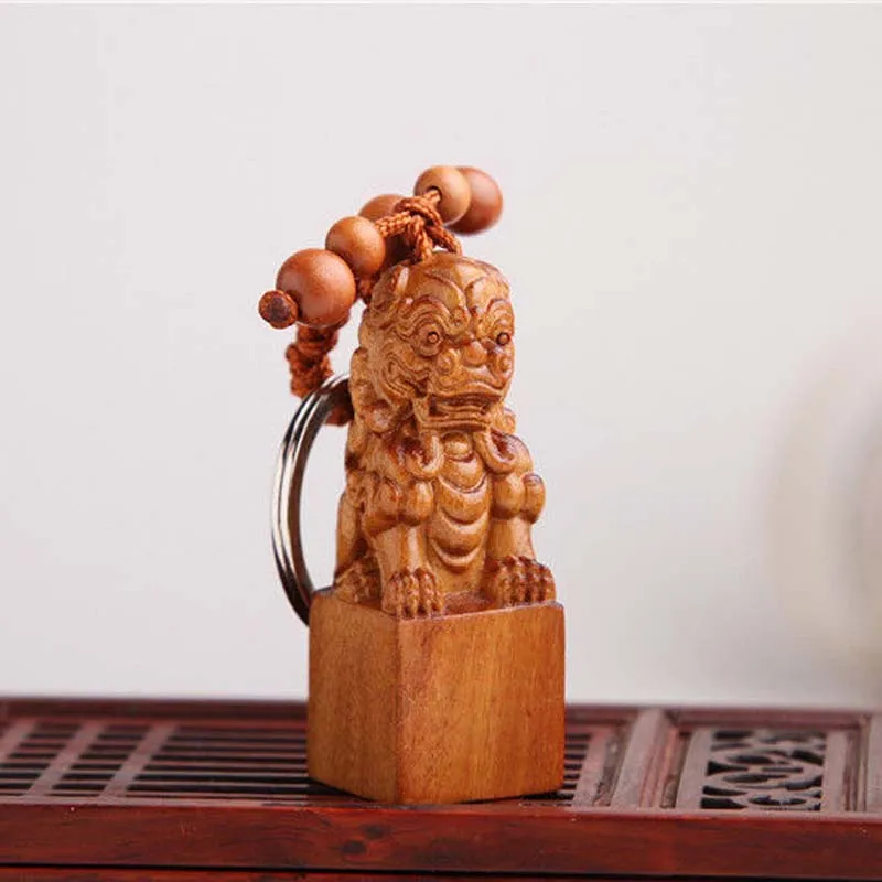 Деревянная 3D Резная Статуя китайского льва ФОО собаки Скульптура кулон