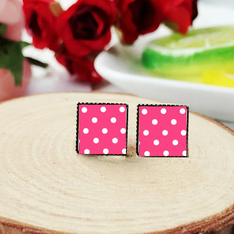 Женские квадратные серьги гвоздики в горошек|Серьги-гвоздики| |