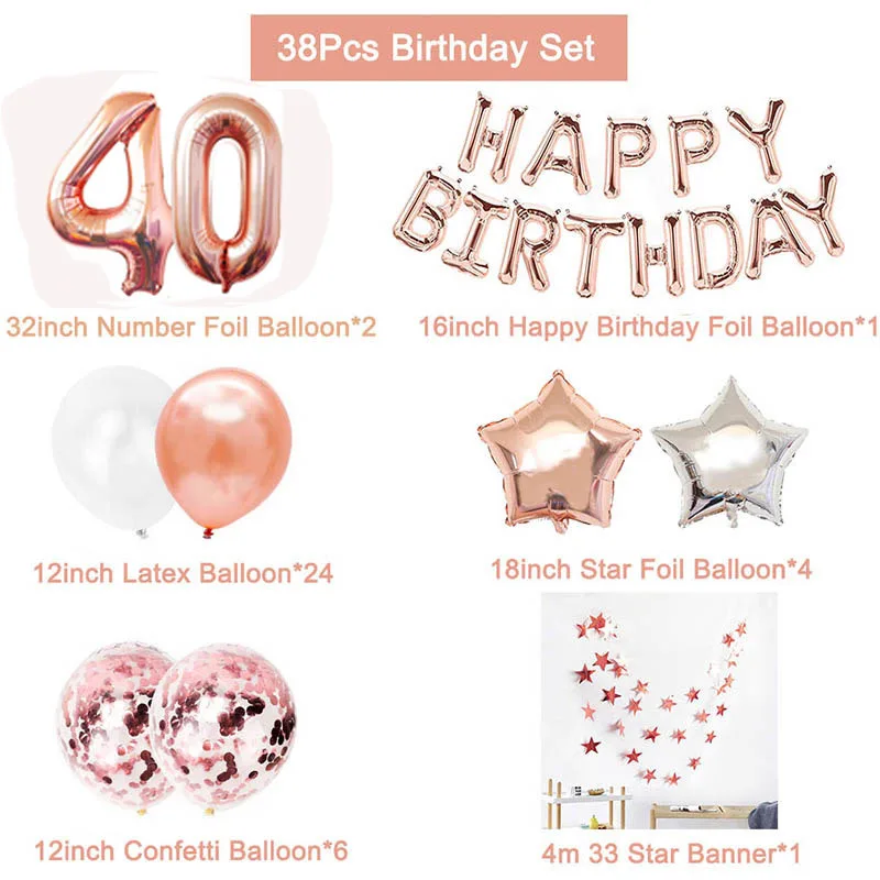38 шт. 32 дюйма розовое золото с цифрой днем рождения 40 фольга воздушные шары синие