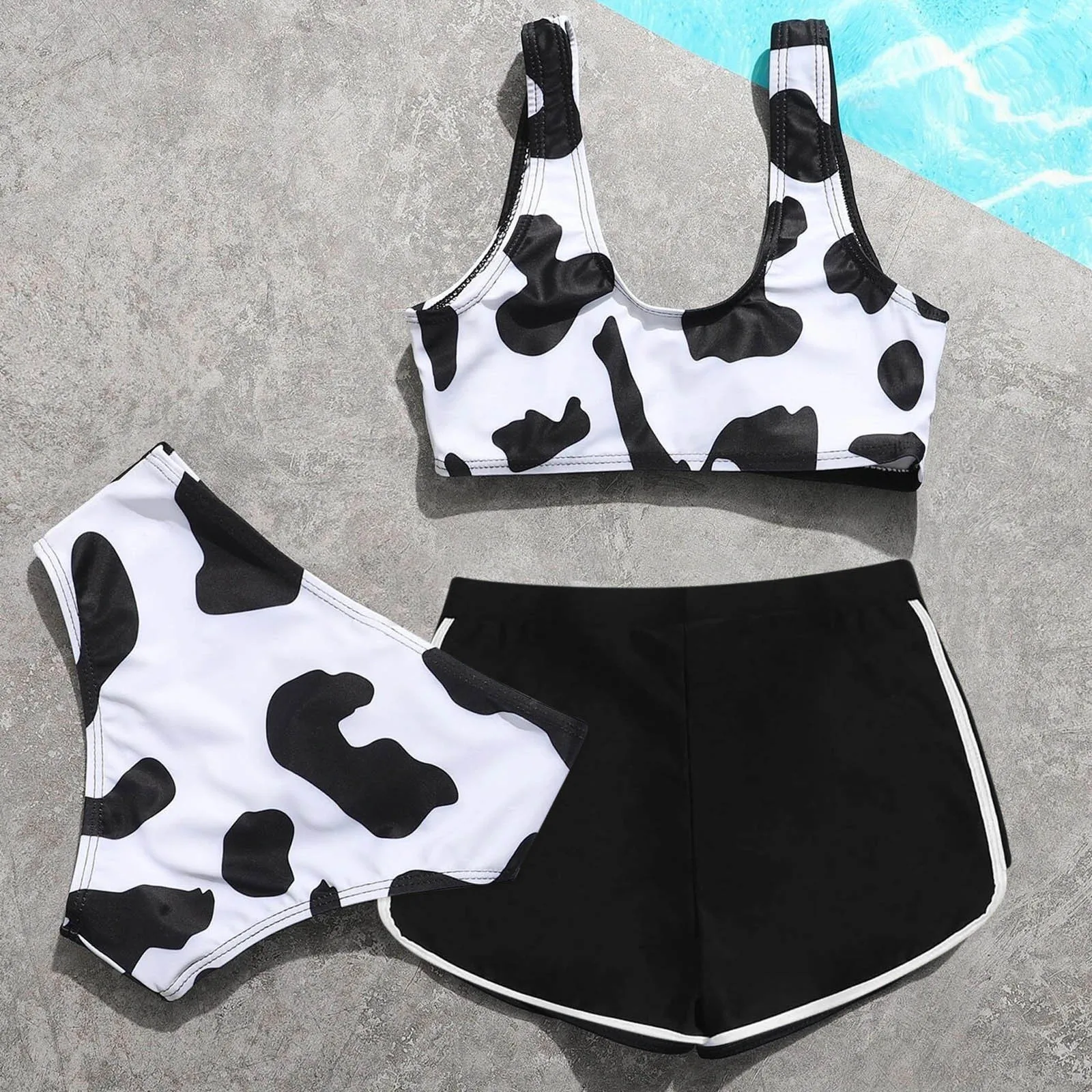

Children's Swimwear Girls' Summer Cute Crisscross Back Cow Floral Print Three-piece Swimsuit Kids Bikini Lovely Girl Swimwear