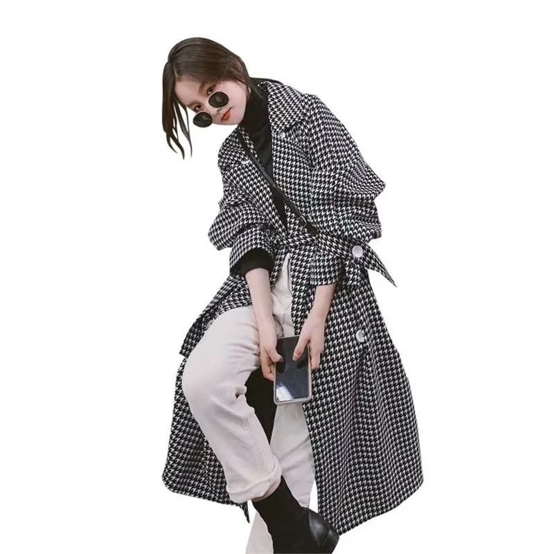 

Fashion Houndstooth Windbreaker Women's Mid-length 2021 Spring Autumn New Korean Style Loose Waist Trench Coat F1026