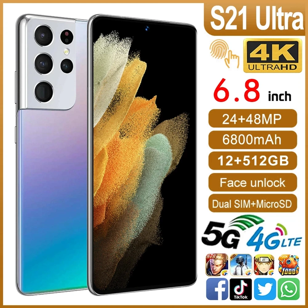 

S21 Ultra Smartphone, 6.8 Inch Screen, 12 + 512GB, MT6889 + 10 Cores, 6800mAh Battery, Face Recognition, Global Version