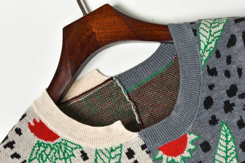 Свободный жаккардовый вязаный свитер для женщин 2019 осенний лоскутный