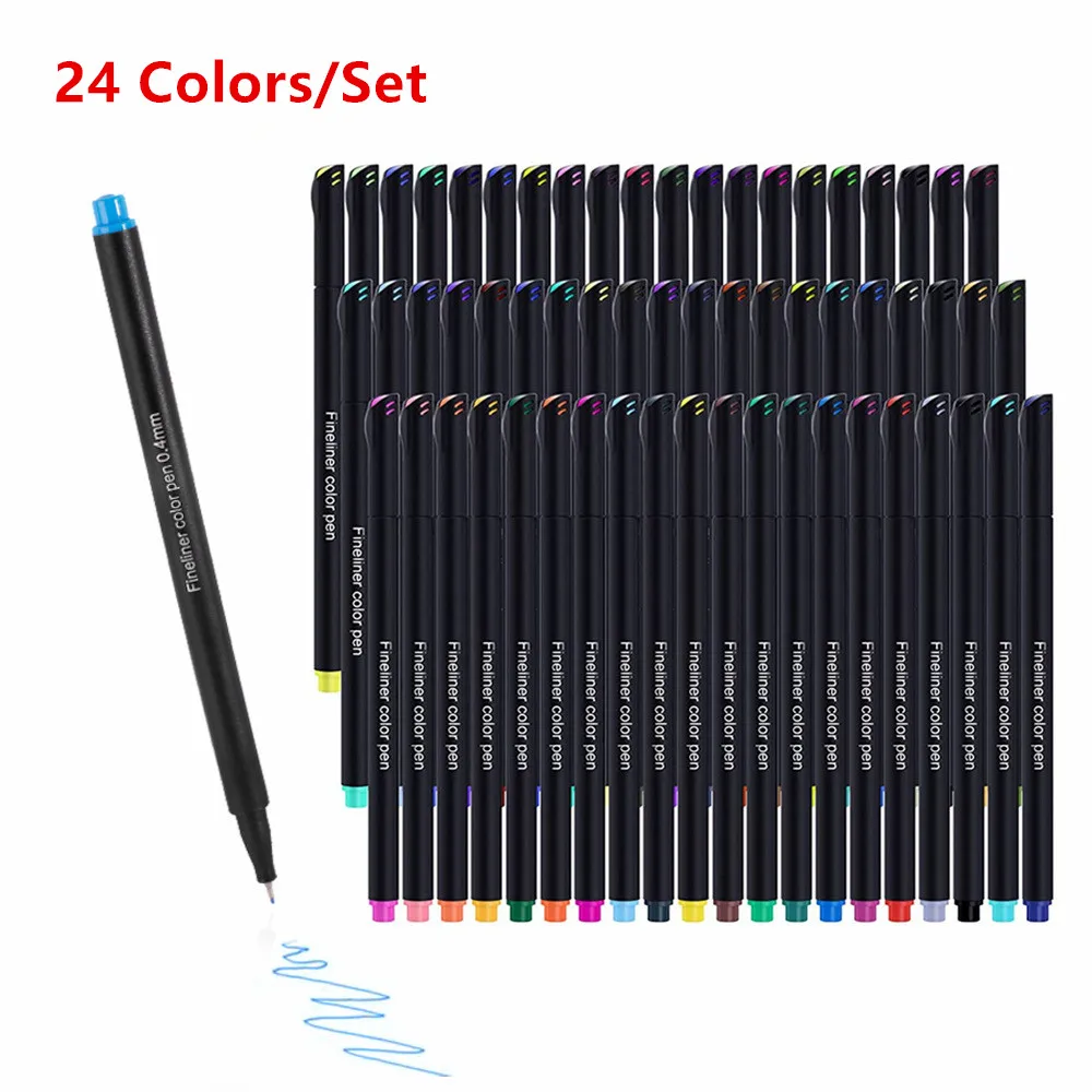 

24Colors/Set Barrel Mark Pen Fine Line Colored Waterborne Writing Pens Needle Pen Handbook Hot Sale For School Students Adults