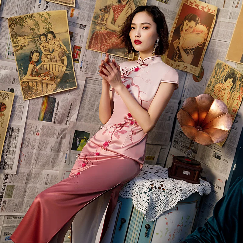 Элегантный винтажный Ципао на пуговицах ручной работы с цветочным принтом и