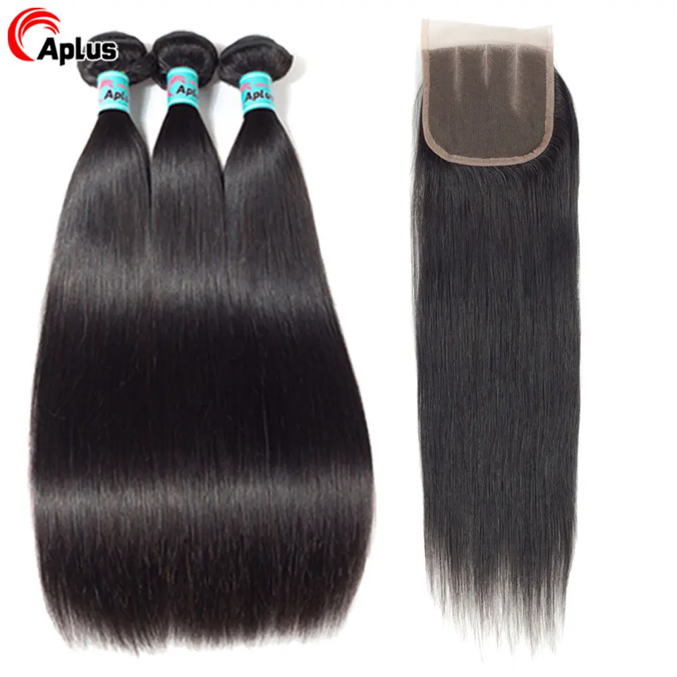 Aplus человеческие волосы прямые перуанские пряди с закрытием 3 пучка волос сделки