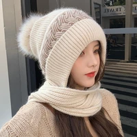 2021 new fashion womens winter warm rabbit fur hatstogether with scarf female ear protector knit skullies beanies hat