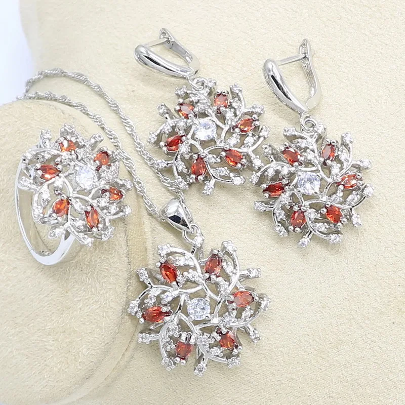 Серебряный набор украшений для женщин в форме цветка свадебный браслет с красным