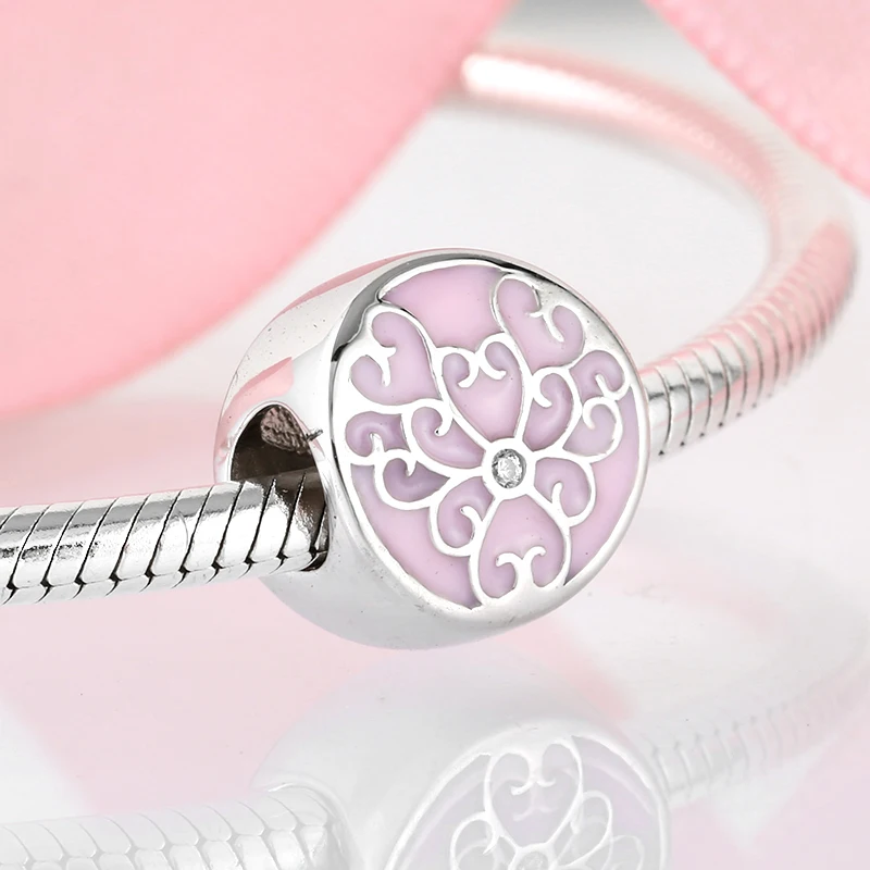 Розовые эмалированные бусины подвески с фианитами в форме цветка серебро 925