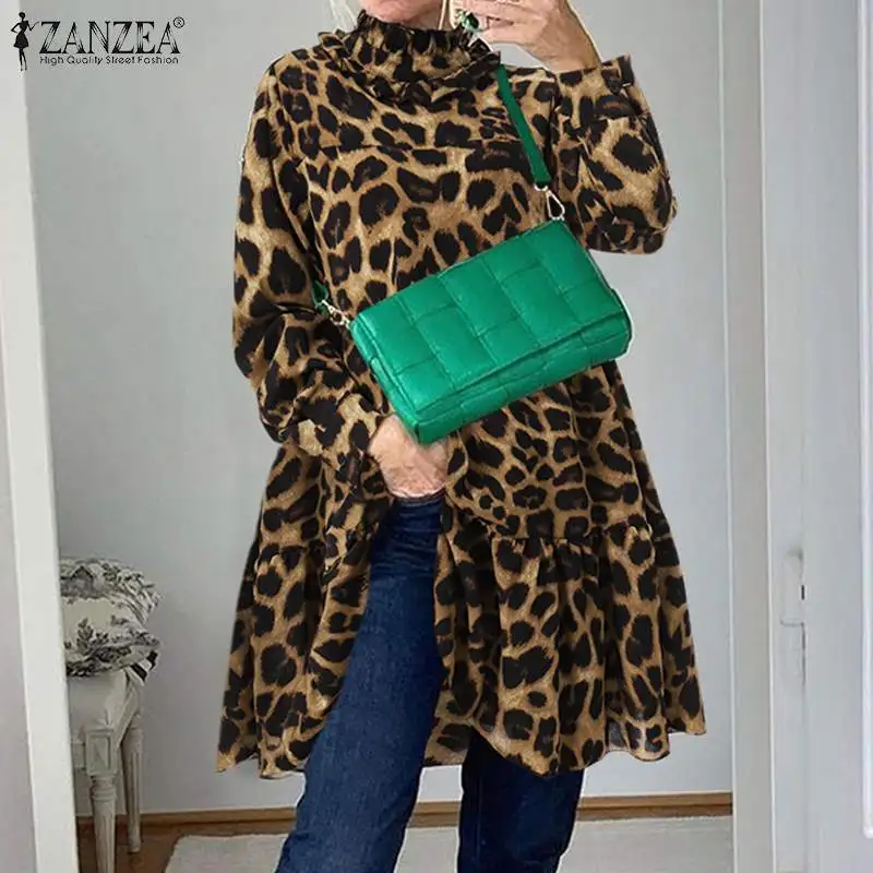 

ZANZEA Women Fashion Ruffle Blouse Oversized Female Chemise 2022 Leopard Printed A-line Top Tunic Casual Shirts Blusa Femininas
