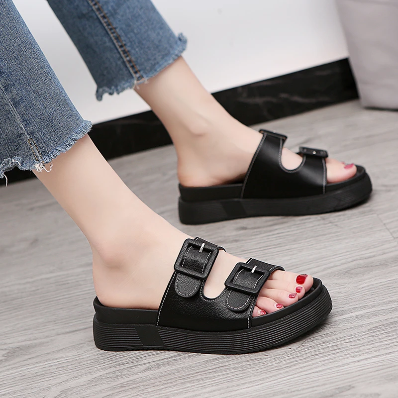 

2021 Summer Platform Slippers Women Black Leather Gladiator Sandals Buckle Strap Flats Casual Green Slide Roman Woman Shoes
