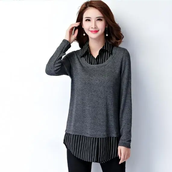 M-5XL размера плюс женская одежда 2020 Осенняя блузка в полоску Pacthwork имитация двух