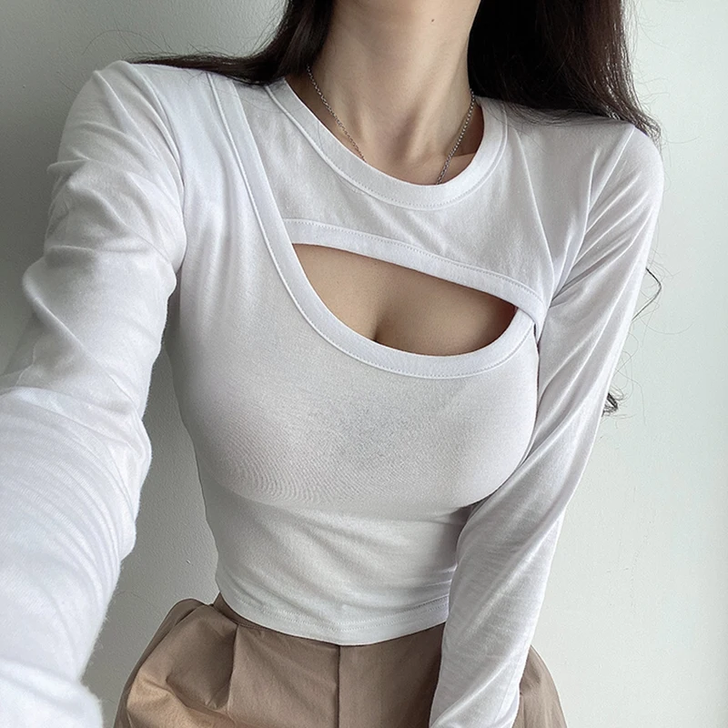 

Футболка женская с вырезами, Топ с длинным рукавом, хлопковая рубашка в стиле пэчворк, одежда в Корейском стиле