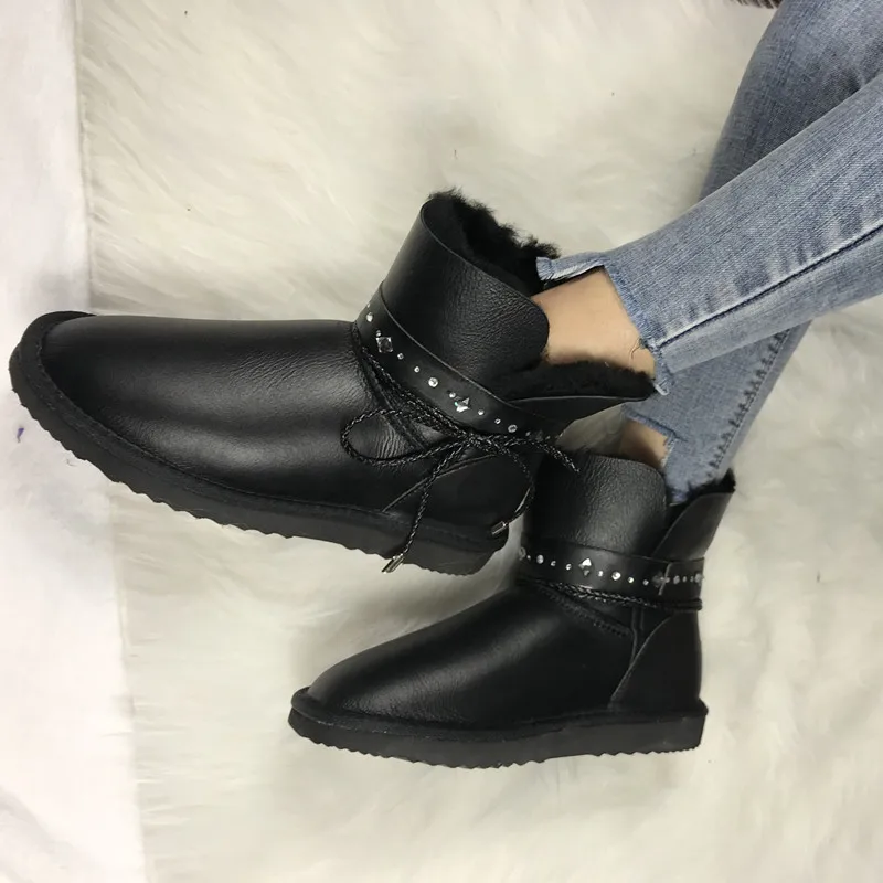 

Fashion Genuine Sheepskin Leather Snow Boots Natural Fur Winter Boots Women Warm 100% Wool Boots Women Boots Waterproof black