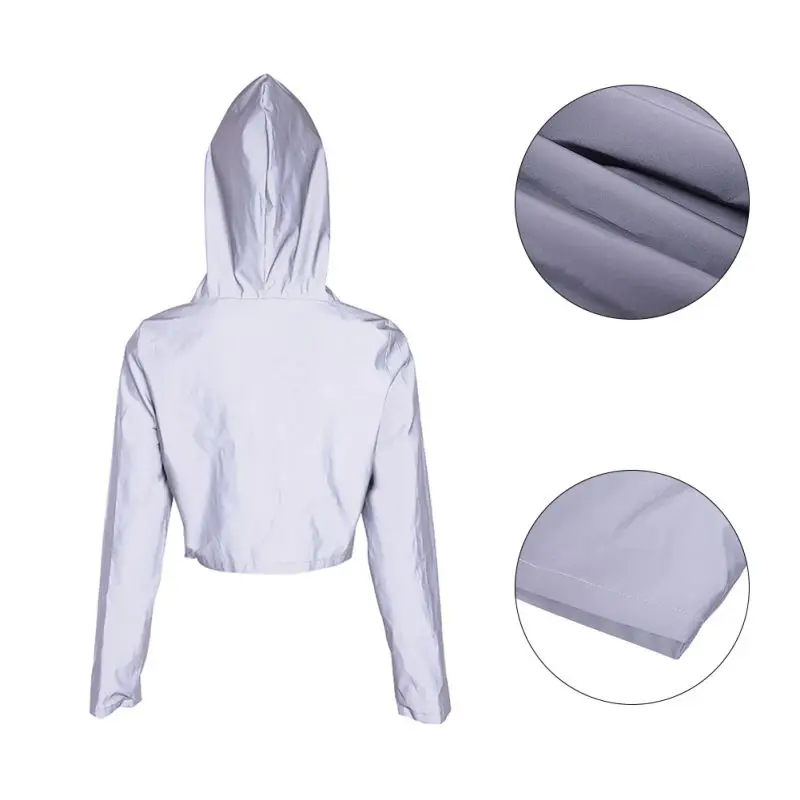 

Reflective Female Jacket Casual Sport Hooded Short Coat Women Crop Top Casaco Feminino Manteau Femme