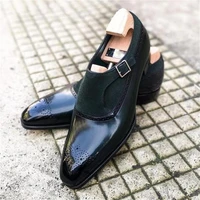 men fashion trend dress shoes handmade dark green pu stitching imitation suede square toe hollow side buckle monk shoes hl830