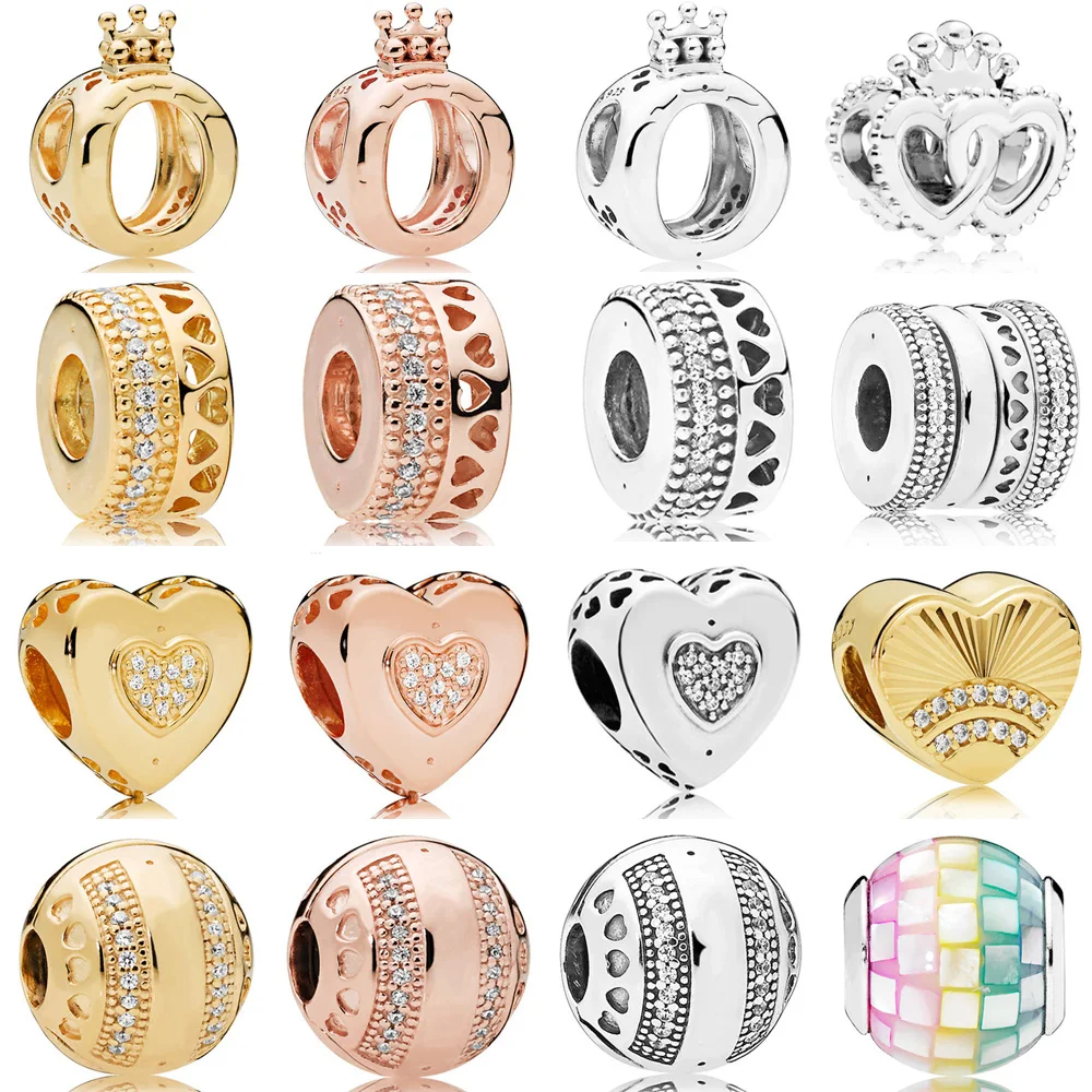 

2019 NEW 100% 925 Sterling Silver Signature Crown Heart Round Charm Shine Gold Clear CZ Bead DIY Bracelet Original Women Jewelry