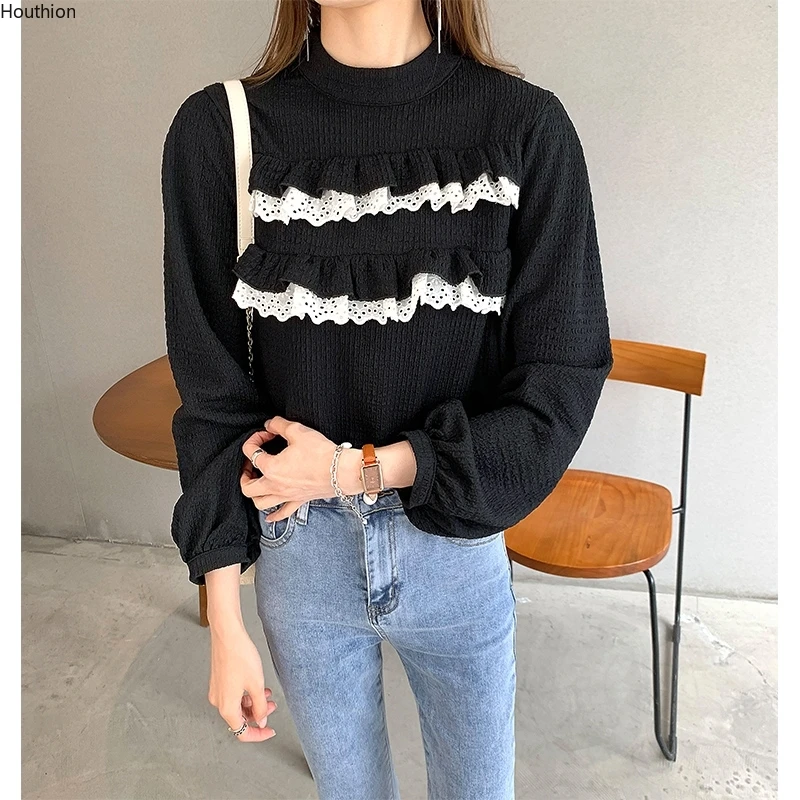 

Houthion New Long-sleeved Blouse Patchwork Top Lapel Loose Casual Fashion Blouses Summer Korean Women's Shirt