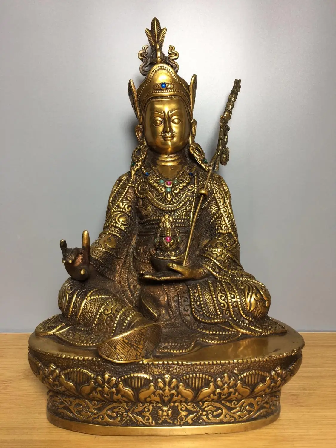 

Home Decor 12" Tibet Buddhism Temple Old bronze set gem Lotus Buddha Statue Ogyen Rinpoche Amitabha statue