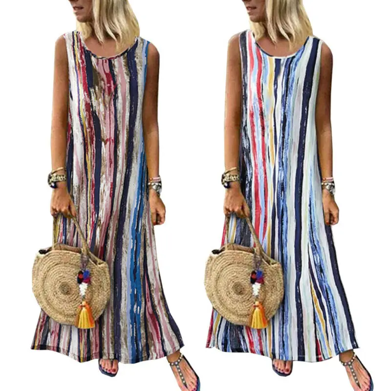 Женское винтажное платье в стиле бохо летнее полоску без рукавов для вечеринки