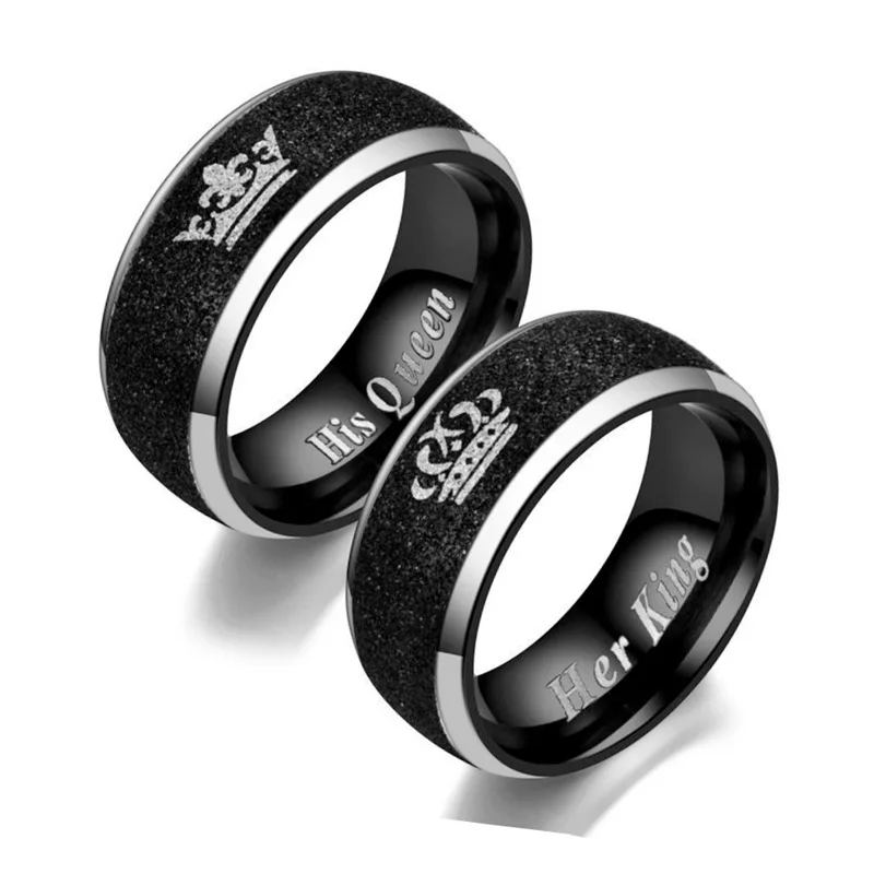 

2 Pcs Stainless Steel Frosted Carving Black Crown Couple Rings King Queen Ring Women Wedding Anniversary Jewelry Sets