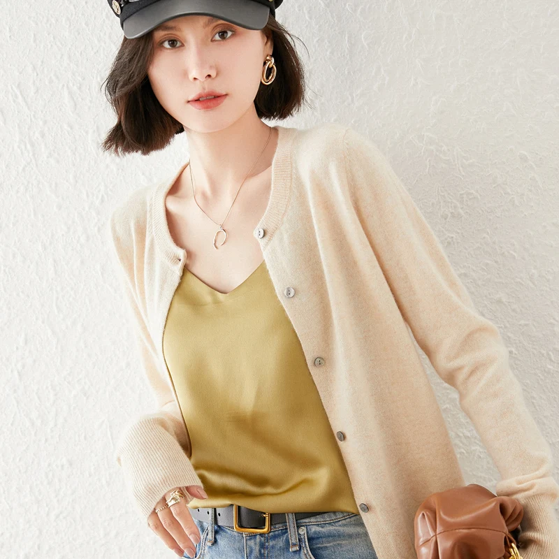 Женский кардиган из 100% чистой шерсти трикотажная рубашка пальто с круглым