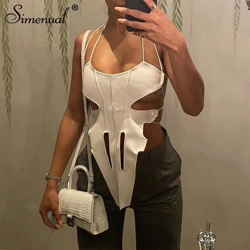 

Simenual Cut Out Backless Halter Women Camis Sexy Midnight Clubwear Summer 2021 Baddie Top Strap Hot Party Birthday Outfit Tops