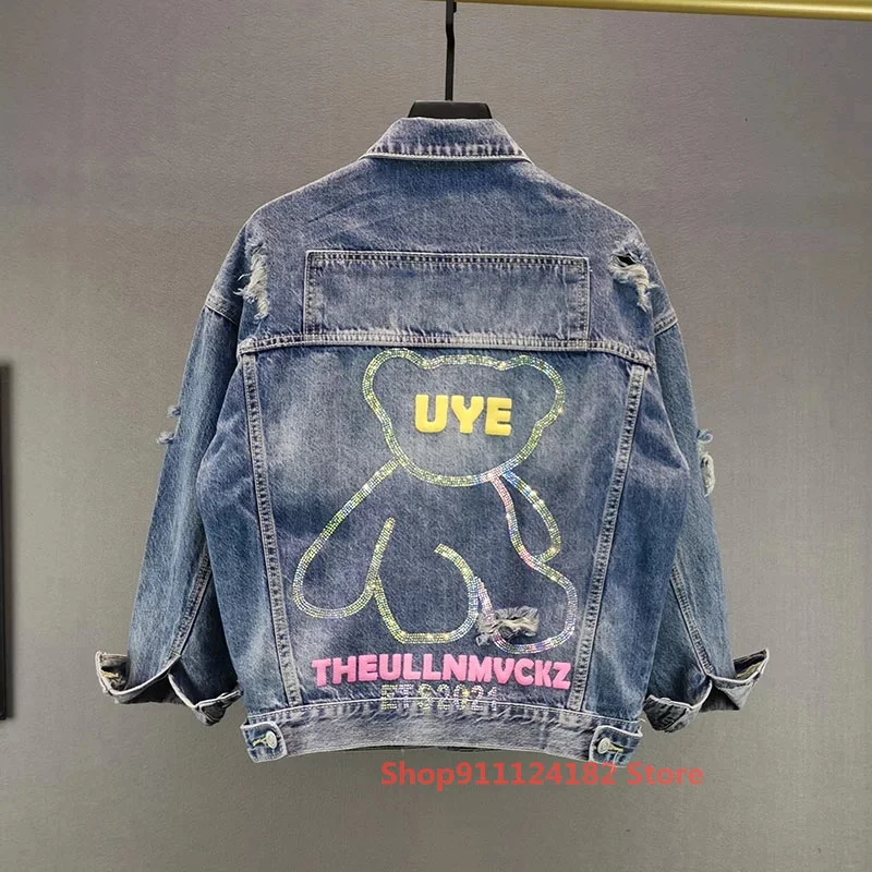 

European Goods Color Letters Hot Rhinestone Bear Denim Jacket Female Tide 2021 Spring New Loose and Thin Top