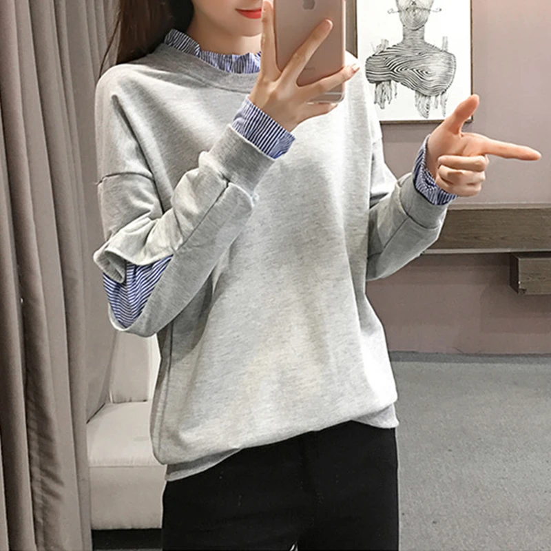 

Plus Velvet Thicken Winter New Women's Hoodies Fake Two Pieces Hoodie Female Head Loose Long-sleeved Casual Sweatshirt Tops