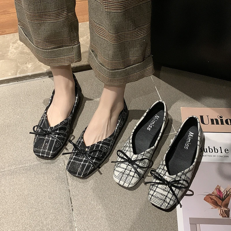 

Fashion Casual Lightweight Soft Simple Bow Elegant Glamour Lady Flat Shoes Round Toe Gingham Slip-On 2020 Spring Autumn W33-81