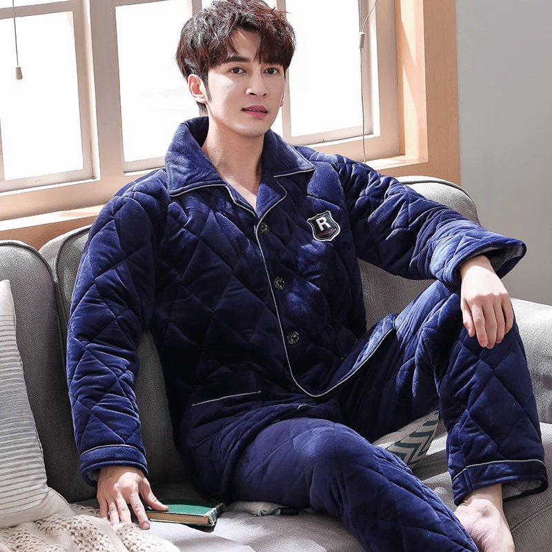 Men Pajamas Set Winter 3 Layers Quilted Pyjamas Suits Thick Coral Fleece Big Yards Sleepwear Night Suit Men Nightwear Loungewear