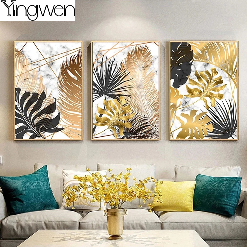 

5D Diamond Painting Oil Painting Golden Leaves Full Diamond Embroidery Cross Stitch 3 Pieces Mosaic Picture Home Decor Triptych