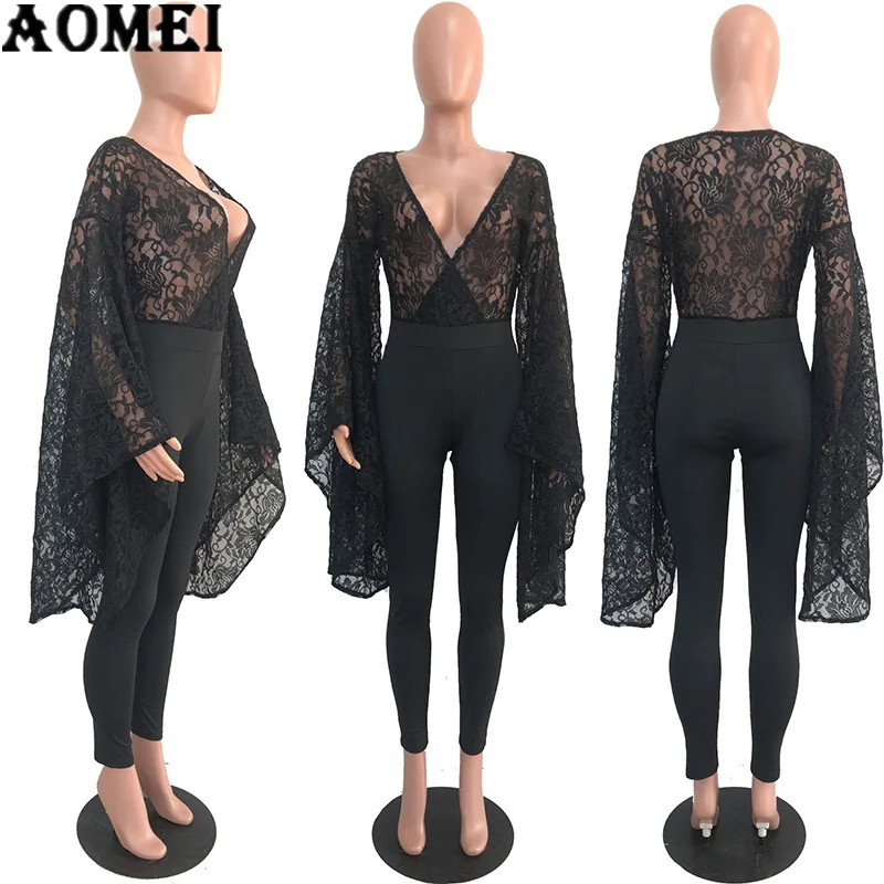 Женские кружевные комбинезоны с глубоким V образным вырезом Длинные свободные