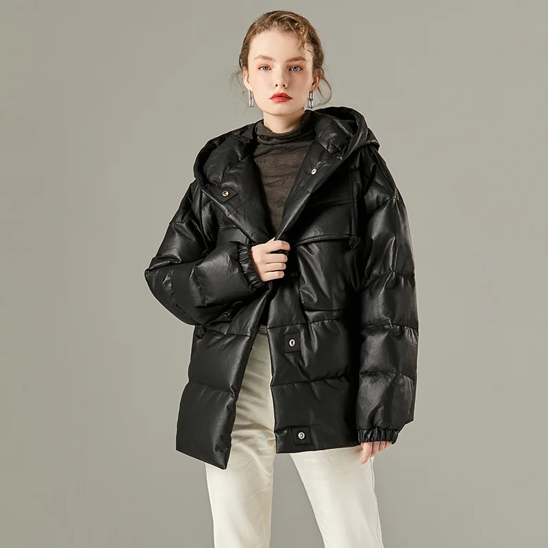 

SHZQ 2020 Winter New Leather Down Jacket for Women Middle and Long Korean Thickened White Goose Down Jacket for Women