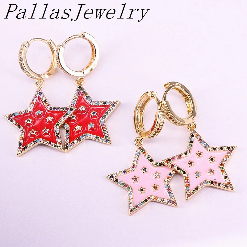 

5Pairs Mix Color Enamel Cz Star Shaped dangle Earring New Design Golden Earrings for Women Personality Fashion Jewelry